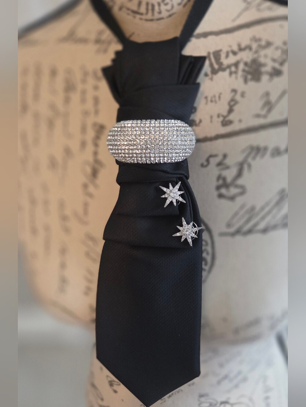 Crystal-Embellished Tie-Necklace w/Star Pins